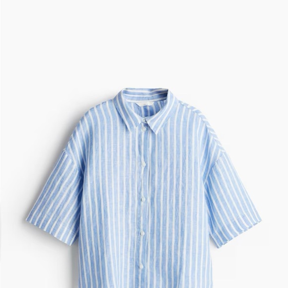 H&M Linen Top Womens L Blue & White Striped Button Front Oversized Beachy - Picture 7 of 9
